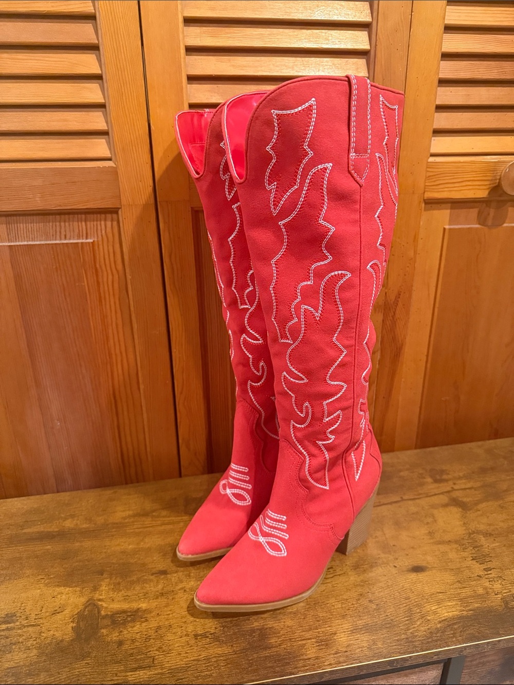 Women's Red Western Knee-High Boots with Embroidered Detail